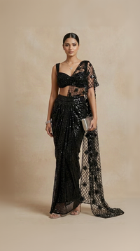 Black ready-to-wear glam saree with cutwork embroidery for cocktail parties and evening events