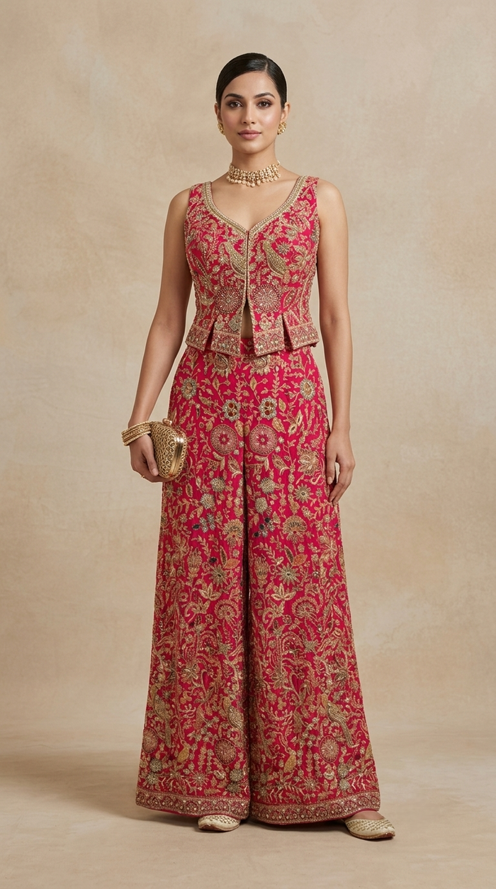 Pink embroidered crop top with intricate thread work