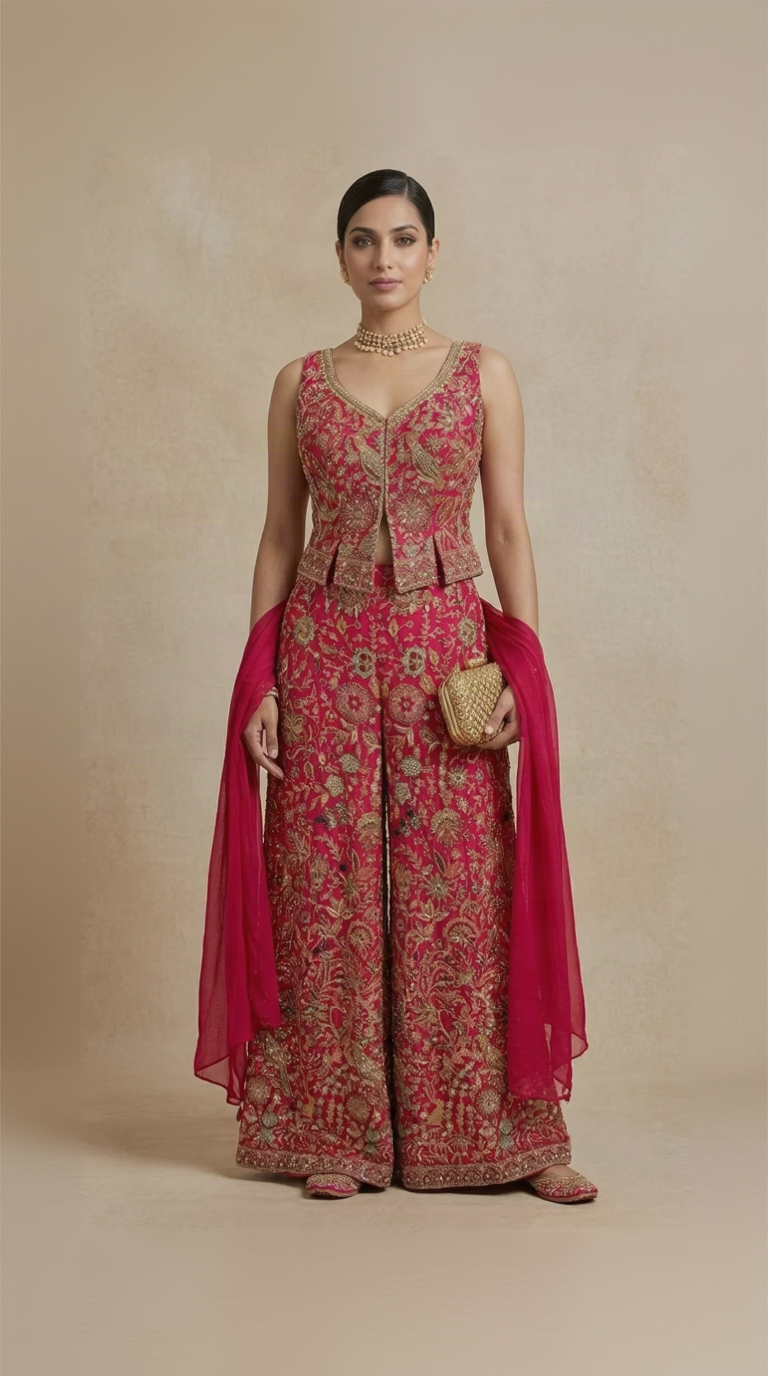 Pink thread embroidered crop top palazzo set for women