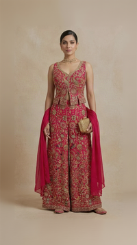 Pink thread embroidered crop top palazzo set for women