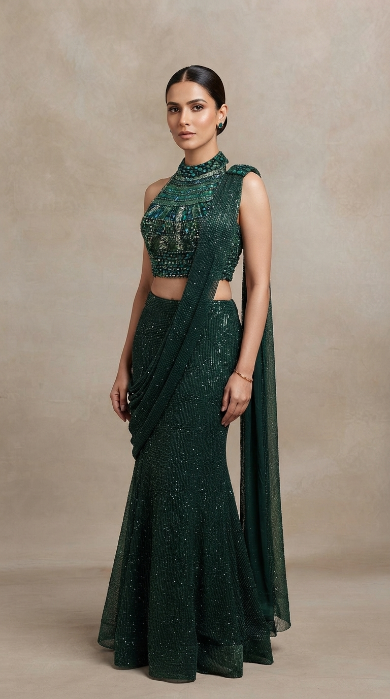 Sangeet green embroidered fish cut saree with gem detailing