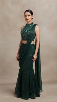 Sangeet green embroidered fish cut saree with gem detailing