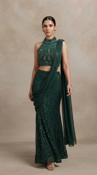 Green ready-to-wear saree with intricate embroidery for wedding events