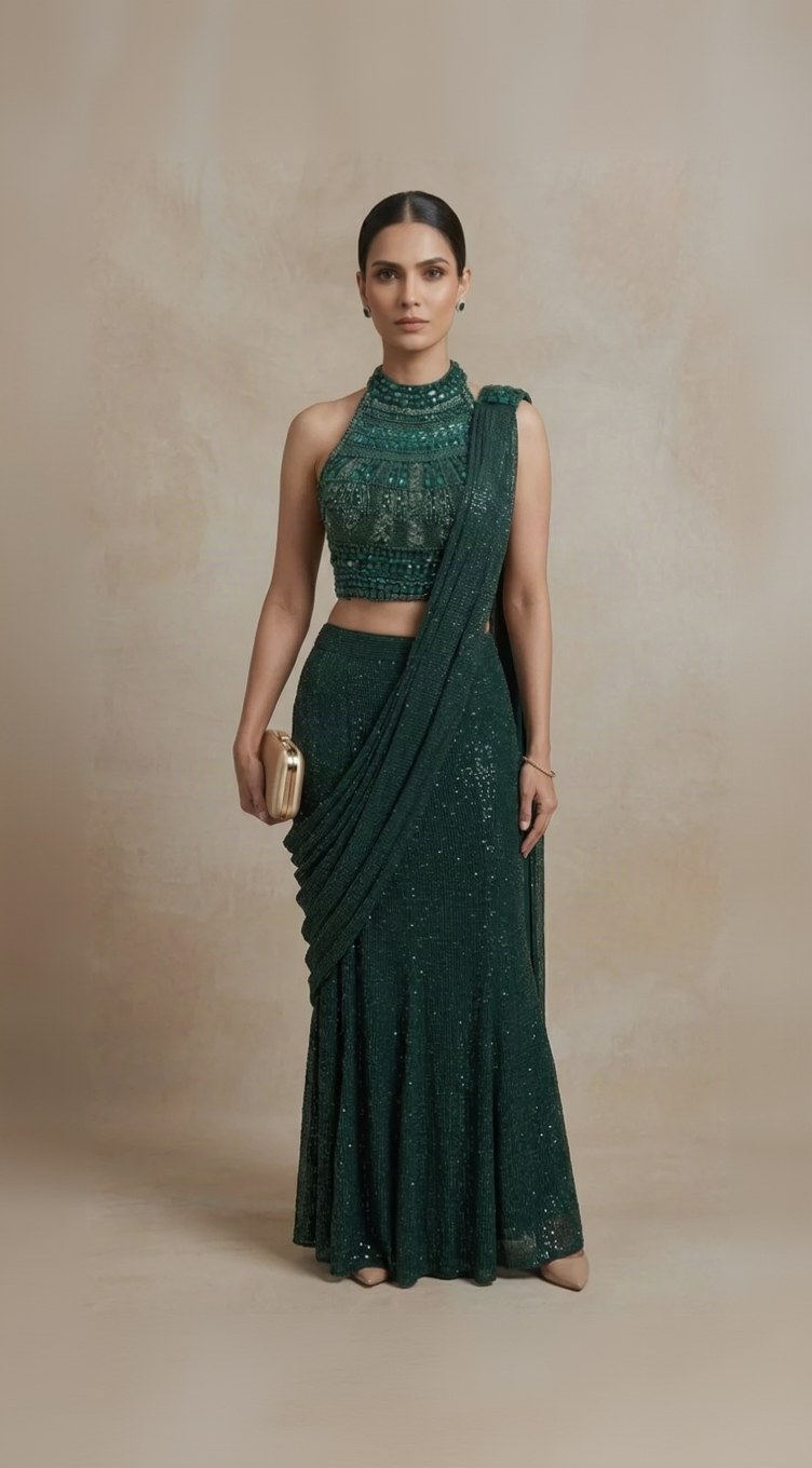 Green gems embroidered fish cut ready-to-wear saree for sangeet