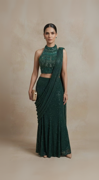 Green gems embroidered fish cut ready-to-wear saree for sangeet