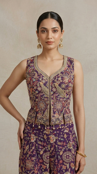 Close-up of intricate thread embroidery on purple crop top sharara set