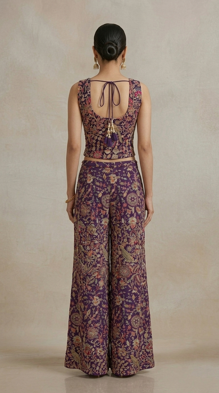 Purple ethnic crop top sharara outfit for sangeet, reception and festive occasions