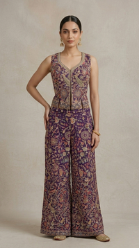 Purple embroidered crop top with intricate thread work and festive detailing