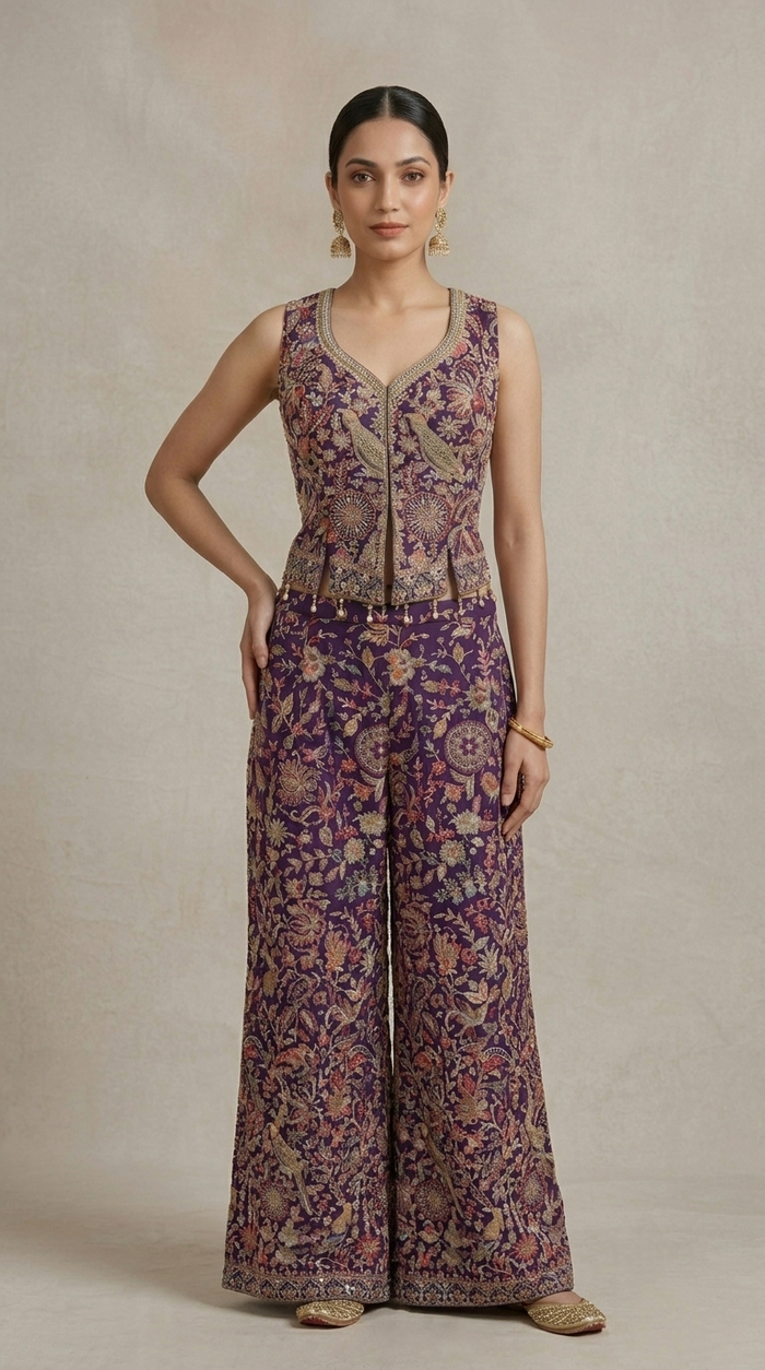 Purple embroidered crop top with intricate thread work and festive detailing
