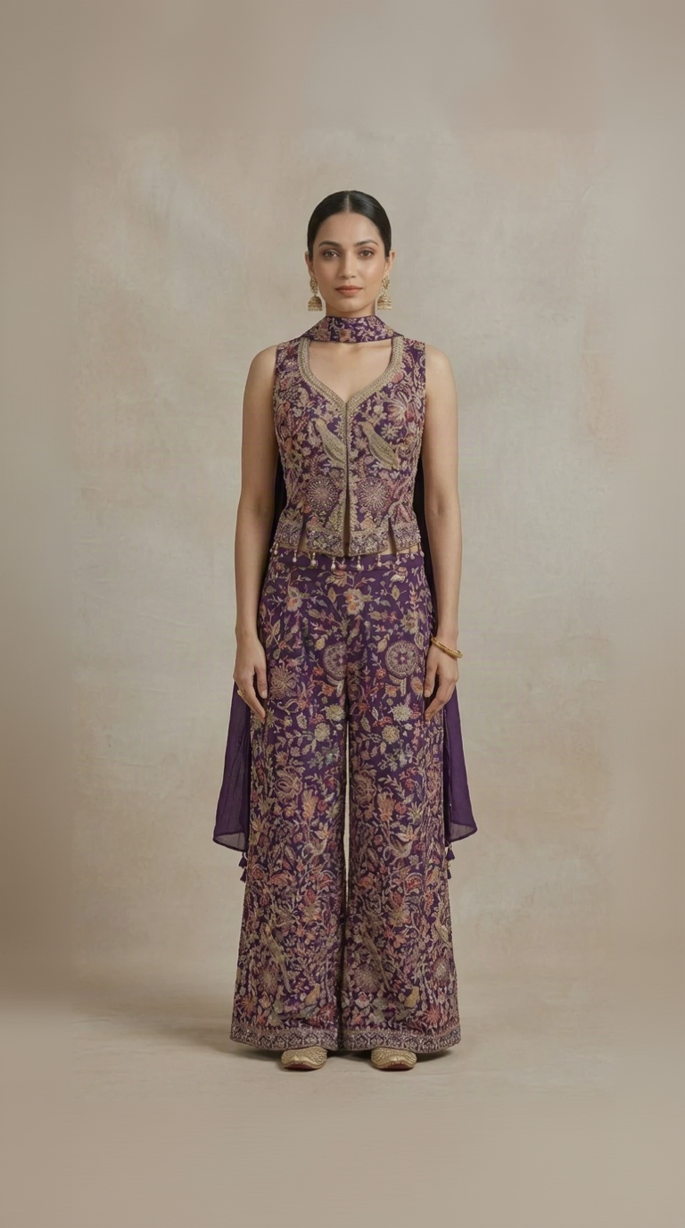 Purple thread embroidered crop top sharara set for wedding and festive wear