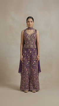 Purple thread embroidered crop top sharara set for wedding and festive wear