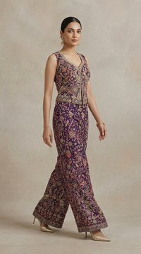 Purple thread embroidered sharara pants for wedding and sangeet wear
