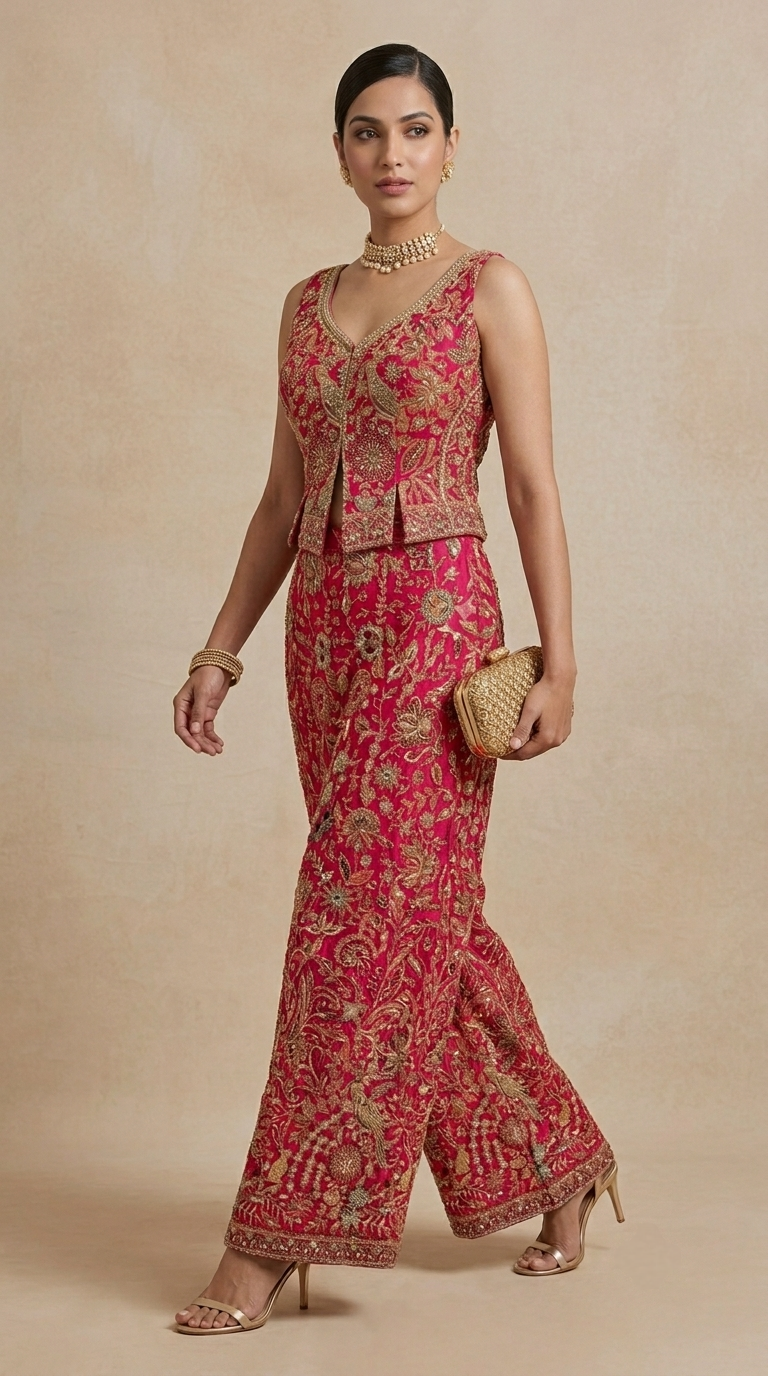 Pink thread embroidered palazzo pants for women