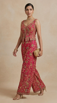 Pink thread embroidered palazzo pants for women