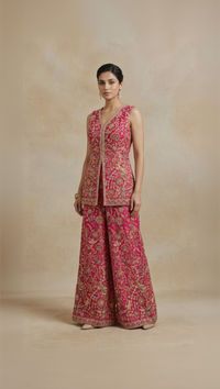 Pink thread embroidered sharara suit with floral detailing for weddings and festive celebrations