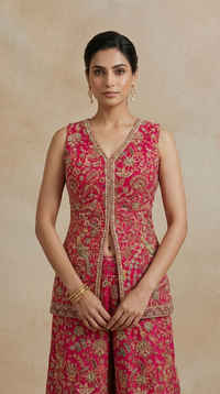 Pink sharara suit with intricate thread embroidery and gold detailing for festive parties and celebrations
