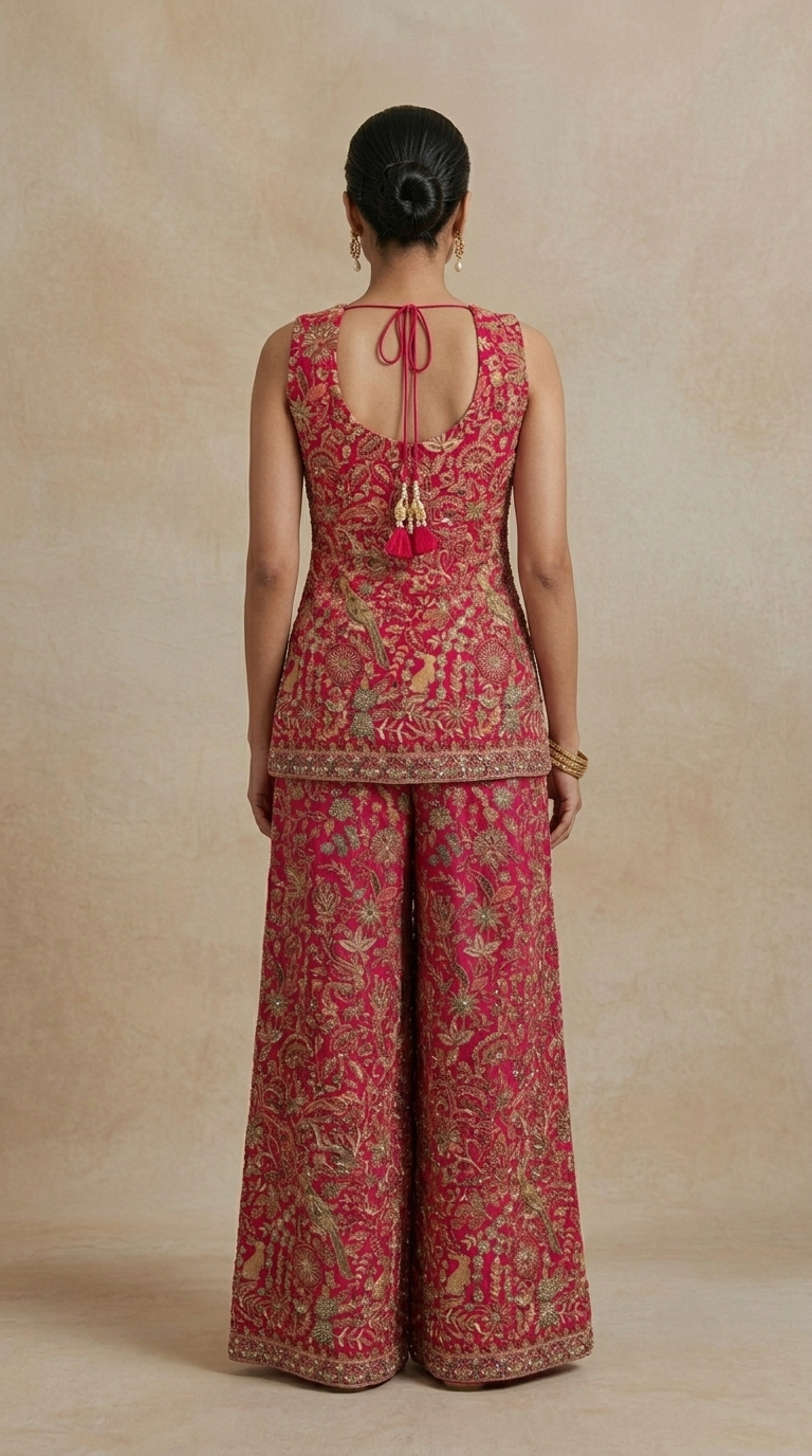 Pink thread embroidered sharara suit back view with detailed floral work for weddings and festive events