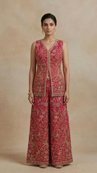 Pink embroidered sharara suit close-up with mirror, cutdana and sequin work for wedding occasions