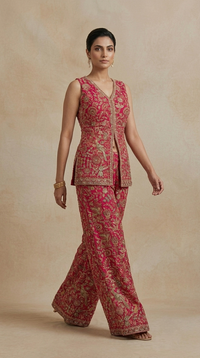 Pink embroidered sharara suit with mirror and sequin work for wedding receptions and festive occasions