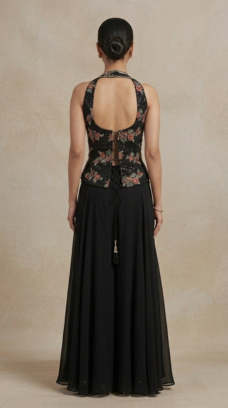 Black sequin sharara set with red embroidered choker dupatta for weddings, receptions and festive events