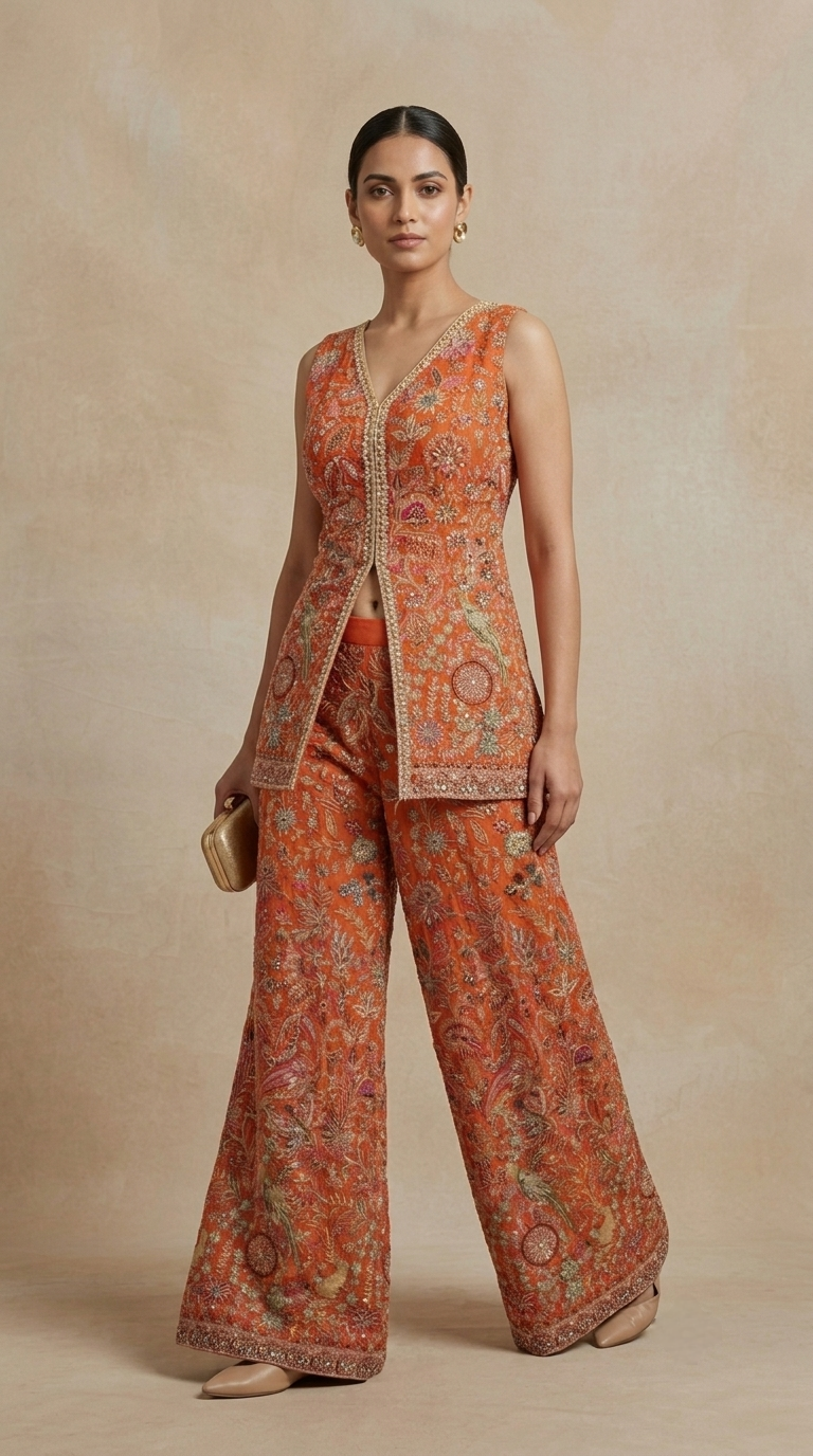 Orange embroidered sharara suit with sequin and cutdana work for wedding receptions and festive occasions