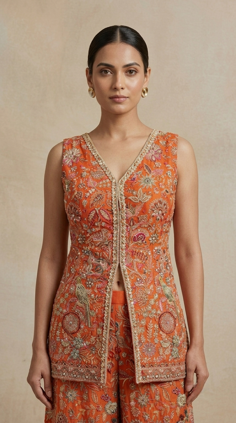 Orange sharara suit with intricate thread embroidery and mirror detailing for festive parties and celebrations
