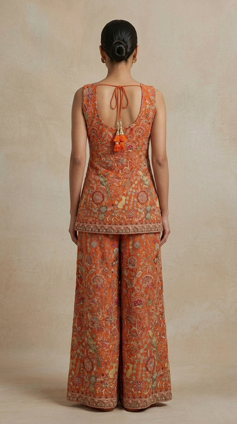 Orange thread embroidered sharara suit with choker dupatta for weddings, receptions and evening occasions