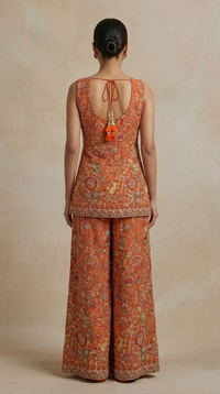 Orange thread embroidered sharara suit with choker dupatta for weddings, receptions and evening occasions