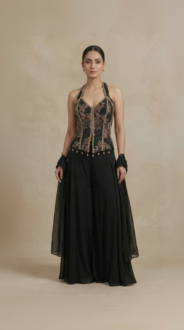 Black sequin sharara set with red embroidery and mirror work for weddings and festive celebrations