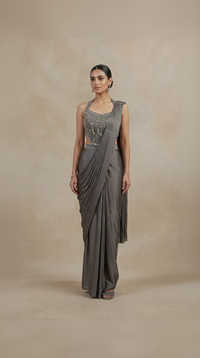 Grey halter neck mirror embellished ready to wear saree for women
