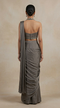 Grey ready to wear saree with mirror embroidery and halter neck blouse