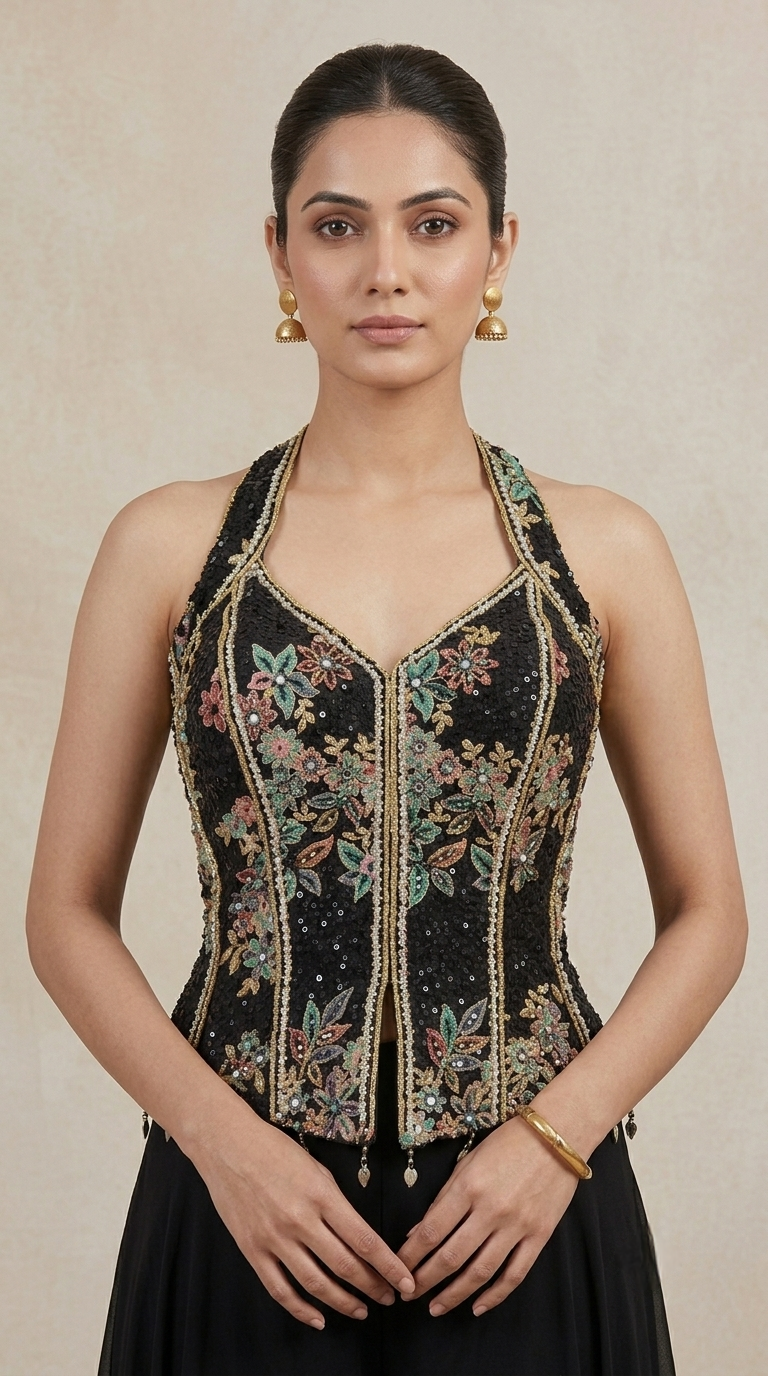 Designer black sequin sharara set with colourful embroidery for wedding celebrations