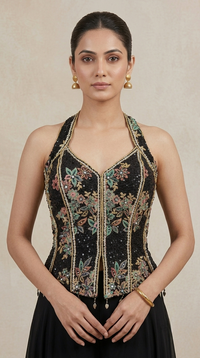 Designer black sequin sharara set with colourful embroidery for wedding celebrations