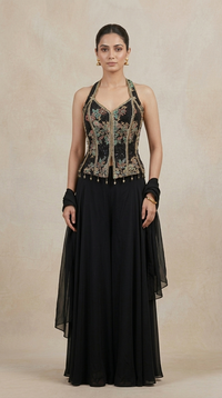 Black embroidered sequin sharara set with multicolour detailing for women
