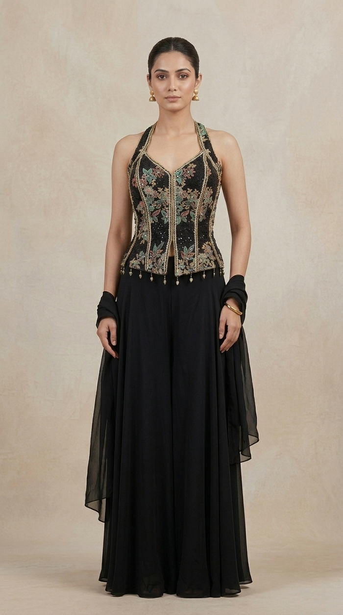 Black embroidered sequin sharara set with multicolour detailing for women