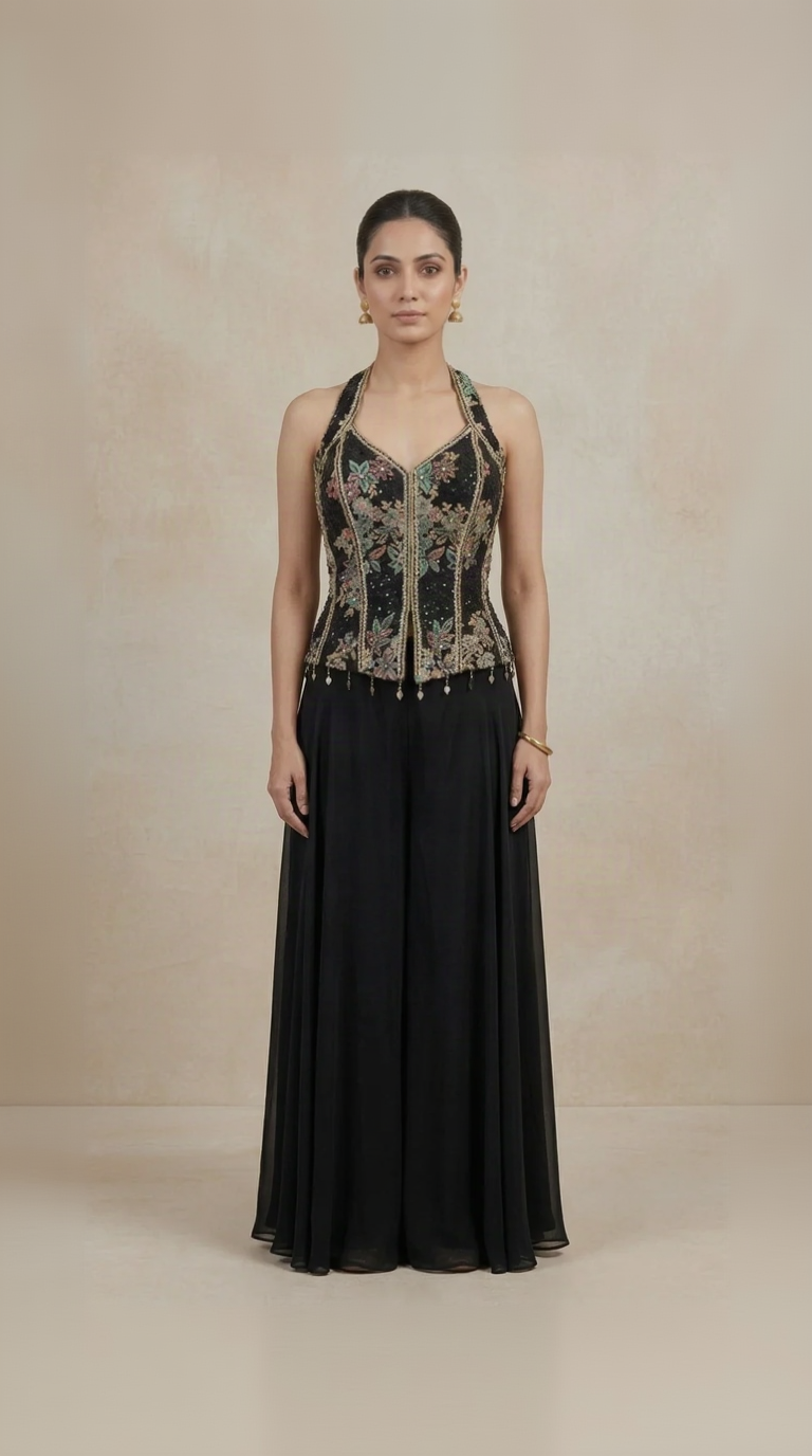 Black sequin sharara set with multicolour embroidery for weddings and festive occasions
