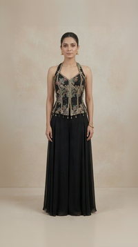 Black sequin sharara set with multicolour embroidery for weddings and festive occasions