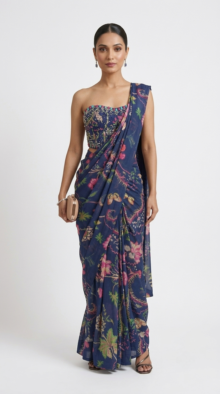Blue floral printed pre-draped saree with gem embellished corset blouse