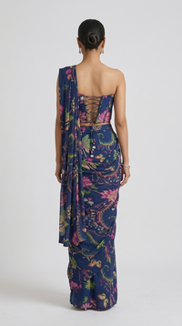 Floral printed blue pre-draped saree with embellished corset for wedding party wear
