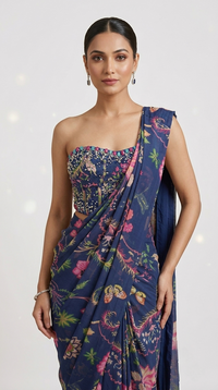Designer blue corset saree with floral print and sparkling gem embellishments