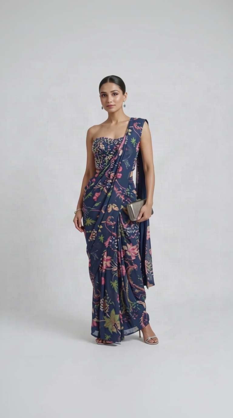 Blue corset floral printed gems embellished pre-draped saree for wedding and party wear