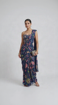 Blue corset floral printed gems embellished pre-draped saree for wedding and party wear