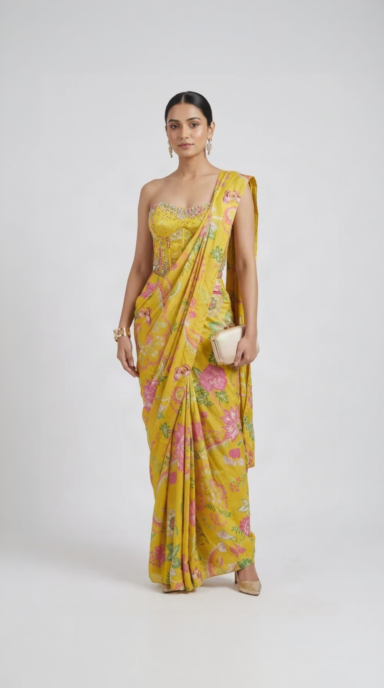 Yellow corset floral printed gems embroidered ready to wear saree for wedding and festive wear