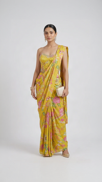 Yellow corset floral printed gems embroidered ready to wear saree for wedding and festive wear