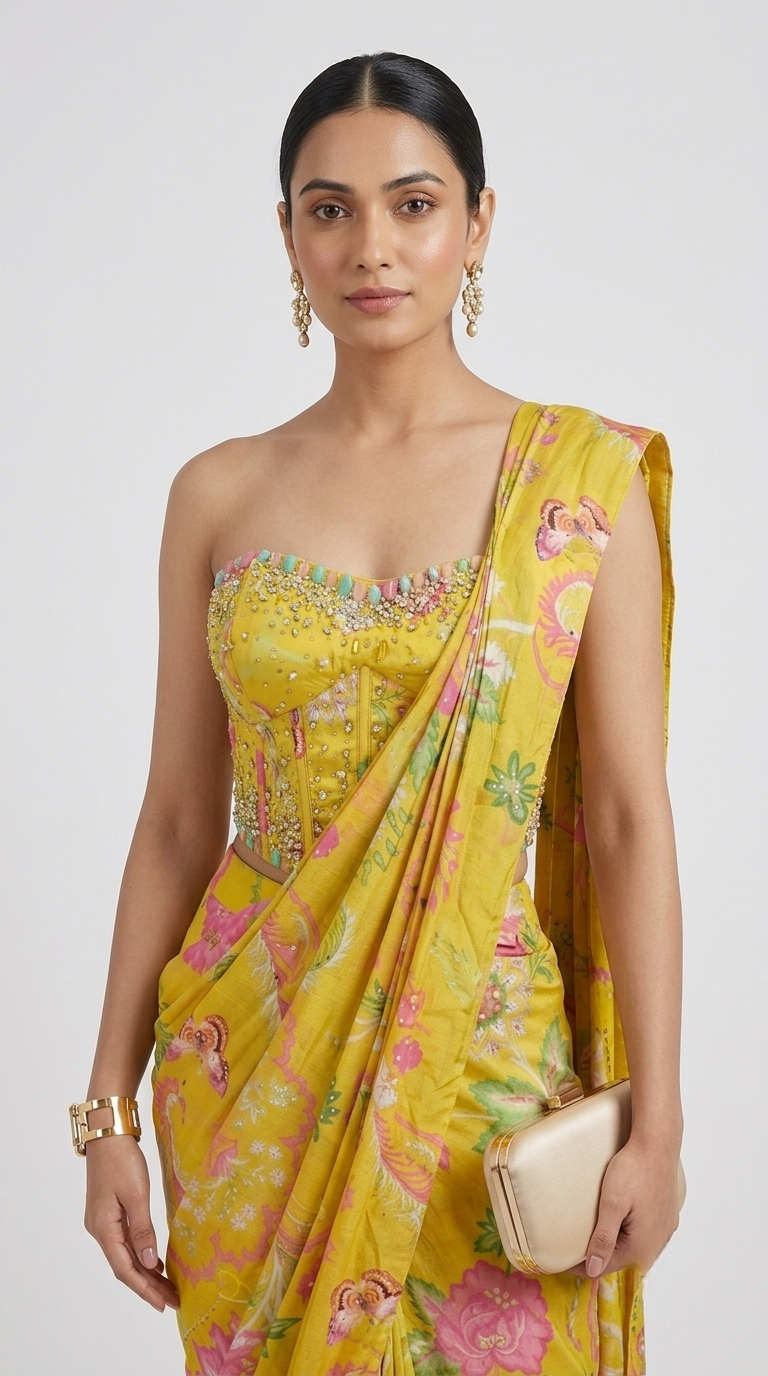 Women’s yellow corset saree with floral print and intricate gems embroidery