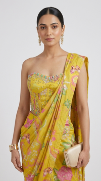 Women’s yellow corset saree with floral print and intricate gems embroidery