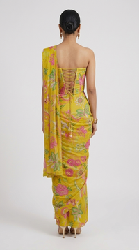 Yellow floral print pre draped saree with gems embellishment for wedding and festive occasions