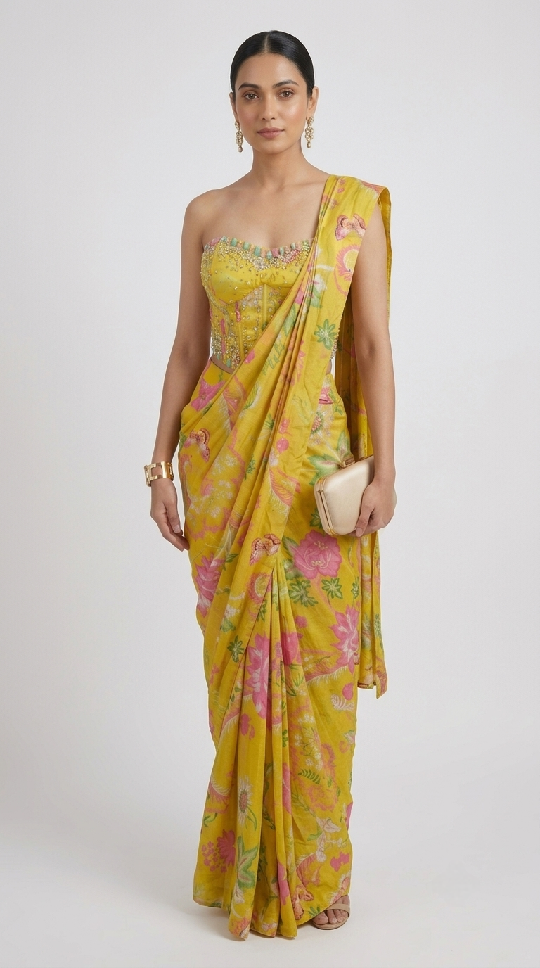 Yellow floral printed pre draped saree with gems embroidered corset blouse