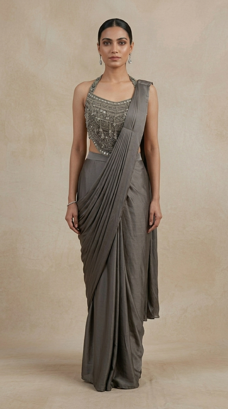 Grey mirror work ready to wear saree with halter neck blouse