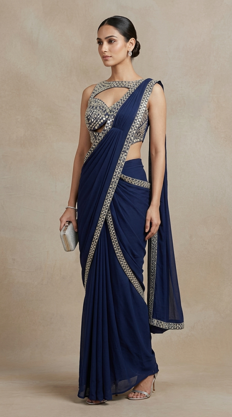 Royal blue pre-draped saree with mirror work embroidery and embellished details